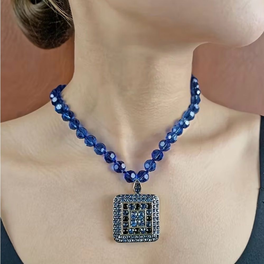 🔷 NEW Sapphire Blue Beaded Necklace & Square Stunning Crystal Pendant 🔷